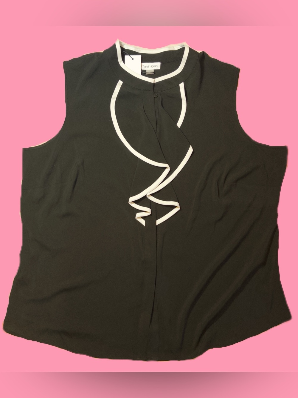 Calvin Klein Black Sleeveless Ruffle-Trim Camisole with White Piping